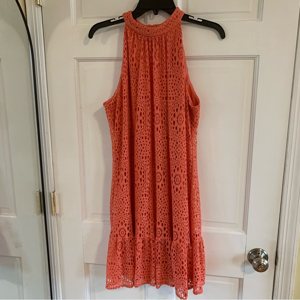 Nicole Miller Studio Coral Sleeveless Crochet Lace Dress 12 L Lined Halter mini